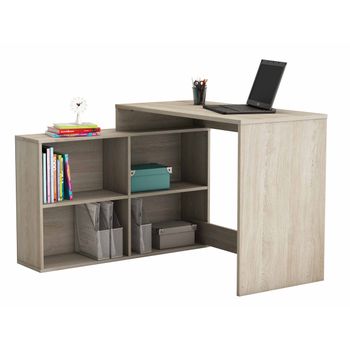 Mesa Escritorio Con Estanteria Baja. Roble Shannon. De Estudio, Despacho, Ordenador O Dormitorio Juvenil. 2 Montajes