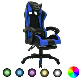 Silla Gaming Con Luces Led Rgb Cuero Sintético Azul Y Negro