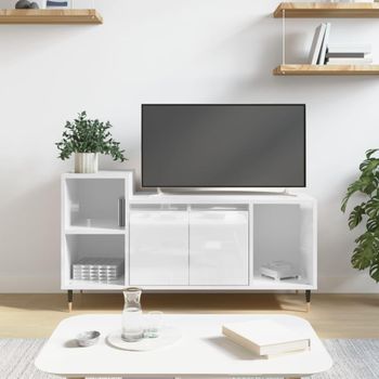 Mueble De Tv Madera Contrachapada Blanco Brillo 100x35x55 Cm