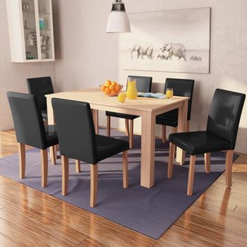 Conjunto De Comedor 7 Piezas De Roble Y Cuero Artificial Negro