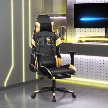 Silla Gaming Masaje Y Reposapiés Cuero Sintético Negro Dorado