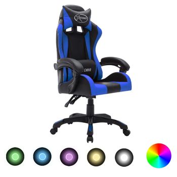 Silla Gaming Con Luces Led Rgb Cuero Sintético Azul Y Negro