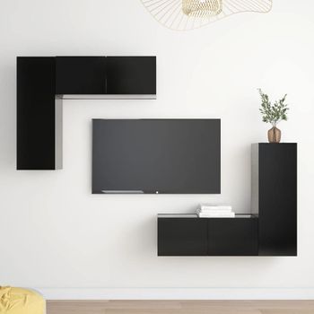 Set De Muebles De Salón Tv 4 Piezas Madera De Ingeniería Negro