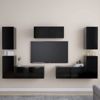 Set De Muebles De Salón Tv 7 Piezas Madera Ingeniería Negro