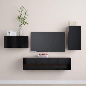 Set De Muebles De Salón Tv 4 Piezas Madera De Ingeniería Negro