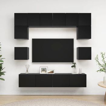 Set De Muebles De Salón Tv 8 Piezas Madera Ingeniería Negro