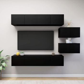 Set De Muebles De Salón Tv 6 Piezas Madera Ingeniería Negro