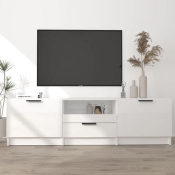 Mueble De Tv Madera Contrachapada Blanco Brillante 140x35x40 Cm