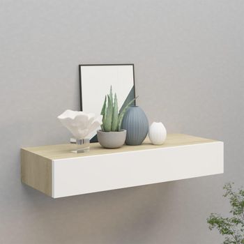 Estante Con Cajón De Pared Mdf Roble Y Blanco 60x23,5x10 Cm