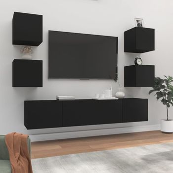 Set De Muebles Para Tv 6 Piezas Madera Contrachapada Negro