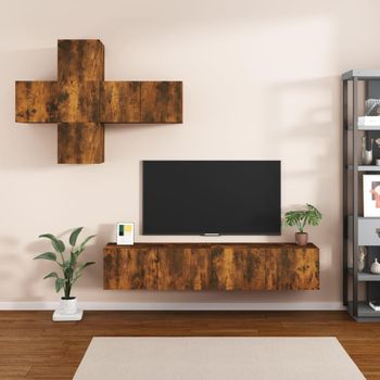 Juego De Mueble Tv 7 Piezas Madera Contrachapada Roble Ahumado