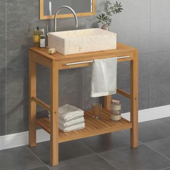 Mueble Tocador Madera Teca Maciza Con Lavabo De Mármol Crema