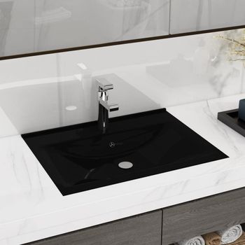 Lavabo Rectangular Cerámica Orificio De Grifo Negro 60x46 Cm