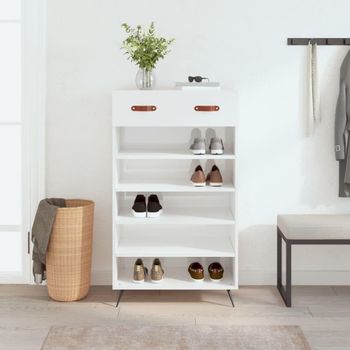 Mueble Zapatero Madera Contrachapada Blanco Brillo 60x35x105 Cm