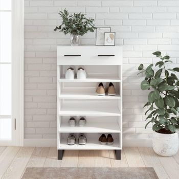 Mueble Zapatero Madera Contrachapada Blanco Brillo 60x35x105 Cm