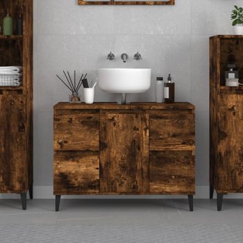 Armario De Lavabo Madera Contrachapada Roble Ahumado 80x33x60cm