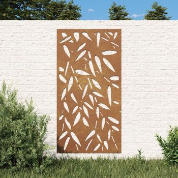 Adorno De Pared Jardín Acero Corten Diseño Hoja Bambú 105x55 Cm