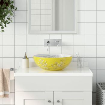 Lavabo Sobre Encimera Redondo Cerámica Blanco Amarillo Φ41x14cm