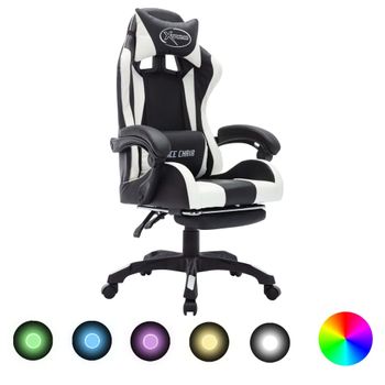 Silla Gaming Con Luces Led Rgb Cuero Sintético Blanco Y Negro