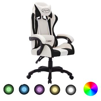 Silla Gaming Con Luces Led Rgb Cuero Sintético Blanco Y Negro