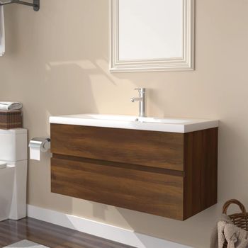 Mueble De Baño Con Lavabo Madera Contrachapada Marrón Roble