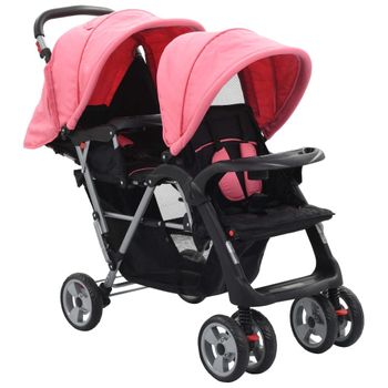 Carrito Para 2 Niños Tandem De Acero Rosa Y Negro