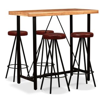 Set Muebles De Bar 5 Pzas Madera Maciza Acacia Cuero Genuino