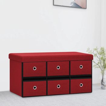 Banco Almacenaje Plegable Lino Sintético Rojo Tinto 76x38x38 Cm