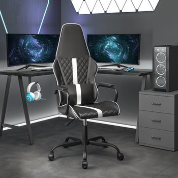 Silla Gaming De Masaje Cuero Sintético Blanco Y Negro