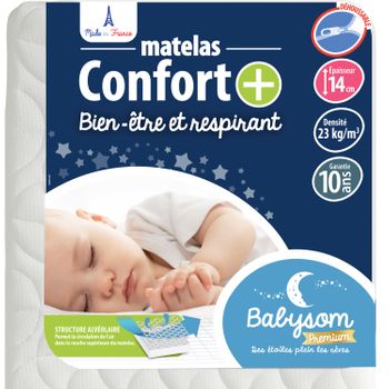 Babysom - Colchón Cuna Bebé Confort+ - 60 X 120 Cm - Altura 14 Cm - Antiasfixia - Transpirable - Reglaje Térmico - Desenfundable - Garantía 10 Años