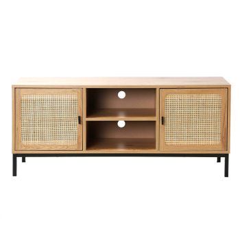 Mueble De Tv 2 Puertas Con Rejilla De Ratán Y 2 Baldas - 120 Cm De Largo - L 120  X A 39  X H 51  Cm