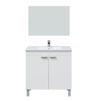 Mueble Con Lavabo Cerámico De 80 Cm, 2 Puertas Y Espejo