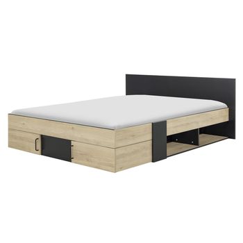 Cama Con Almacenaje 160 X 200 Cm - Negro Y Madera Clara - L 180  X A 204  X H 80  Cm