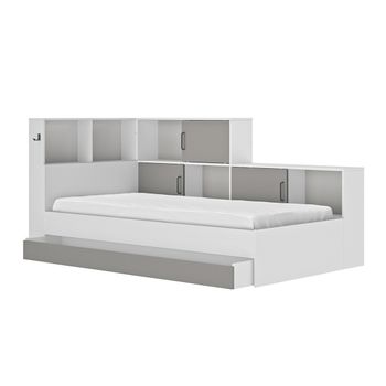 Cama Con Almacenaje 90 X 200 Cm - Blanco Y Gris - L 221  X A 120  X H 104  Cm