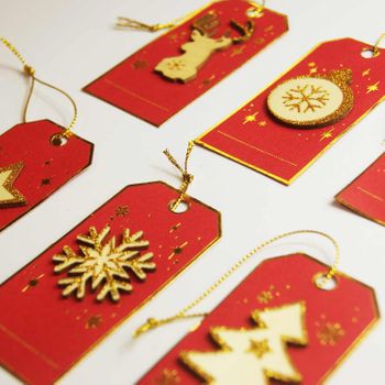 6 Etiquetas De Regalo De Navidad - Brillo Rojo Y Dorado