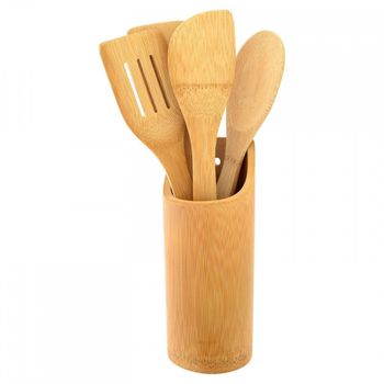 Set 4 Utensilios Cocina, Utensilios Cocina De Bambu, 2 Cucharas Y 2 Espátulas, Soporte Con Utensilios Cocina, 31,5cm Utensilios