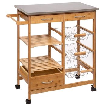 HomCom® Carrito de Cocina Mesa Servicio Auxiliar Madera y Metal Cromado con  4 Ruedas 2 Cajones y Botellero Frutas