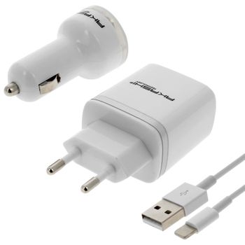 Cargador 2x Usb + Cargador Coche 2.1a 2x Usb + Cable Iphone, Akashi - Blanco