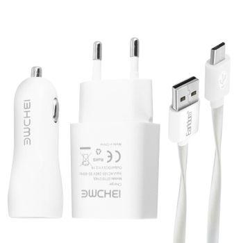 Pack 3 En 1 Cargador 2.1a Cargador De Coche 2.1a Y Cable Micro-usb - Blanco