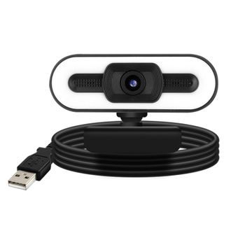Webcam Usb 1080p Hd Gran Angular Luz Led Micrófono Giratorio Negro