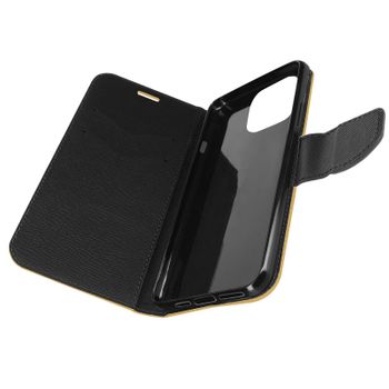 Funda Iphone 14 Pro Max Tarjetero Soporte Vídeo Bicolor – Dorado Y Negro