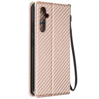 Funda Para Galaxy A34 5g Tarjetero Soporte Vídeo Efecto Carbono Rosa Dorado