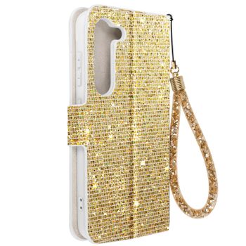 Funda Para Samsung Galaxy S23 Glitter Disco Cartera Portavideos Dorado