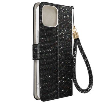 Funda Para Iphone 14 Glitter Disco Cartera Portavideos Negro