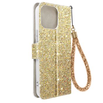 Funda Para Iphone 14 Pro Max Glitter Disco Cartera Portavideos Dorado