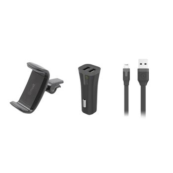 Muvit Pack Soporte Coche Salida Aire Hasta 6,2" + Cargador Coche Usb 2 Puertos 2a Negro + Cable Usb-lightning Mfi 1m