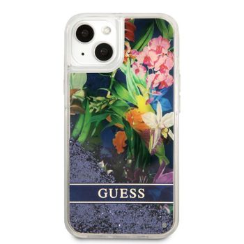 Funda Guess Purpurina Líquida Para Iphone 13 Mini Con Flores Color Azul