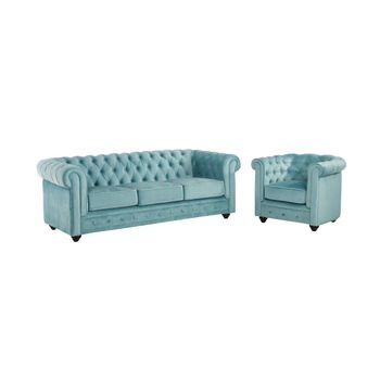 Conjunto Sofá Y Sillón Fijo Chesterfield  205x88x72 Cm Color Azul Celeste Venta-unica