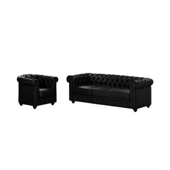 Conjunto Sofá Y Sillón Fijo Chesterfield  205x88x72 Cm Color Negro Vente-unique