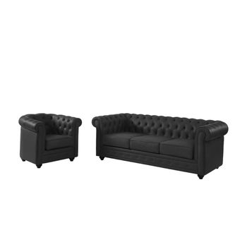 Conjunto Sofá Y Sillón Fijo Chesterfield  205x88x72 Cm Color Negro Venta-unica